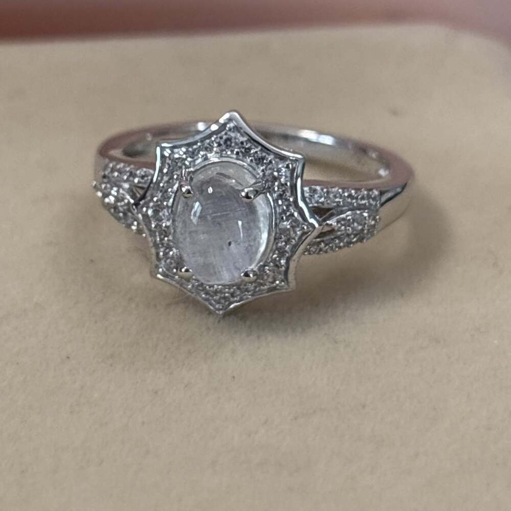 Natural 2.20 ct Moonstone Cocktail Ring Sterling Silver White Topaz Halo Size 9